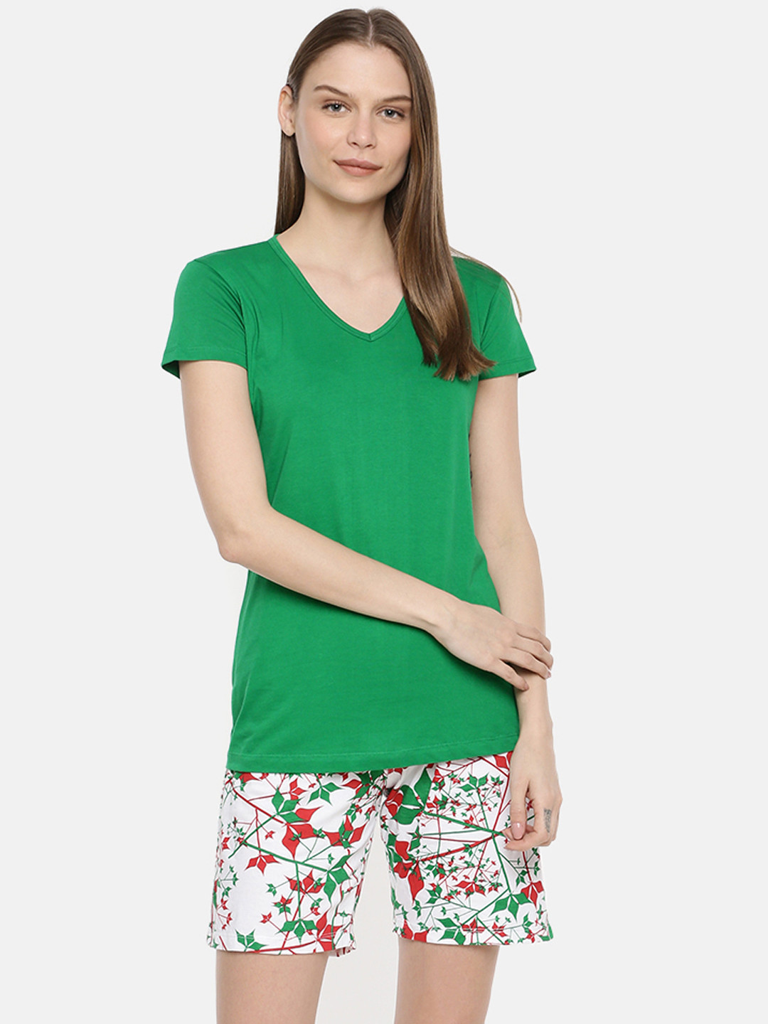 

zebu Women Green & White Solid Night suit
