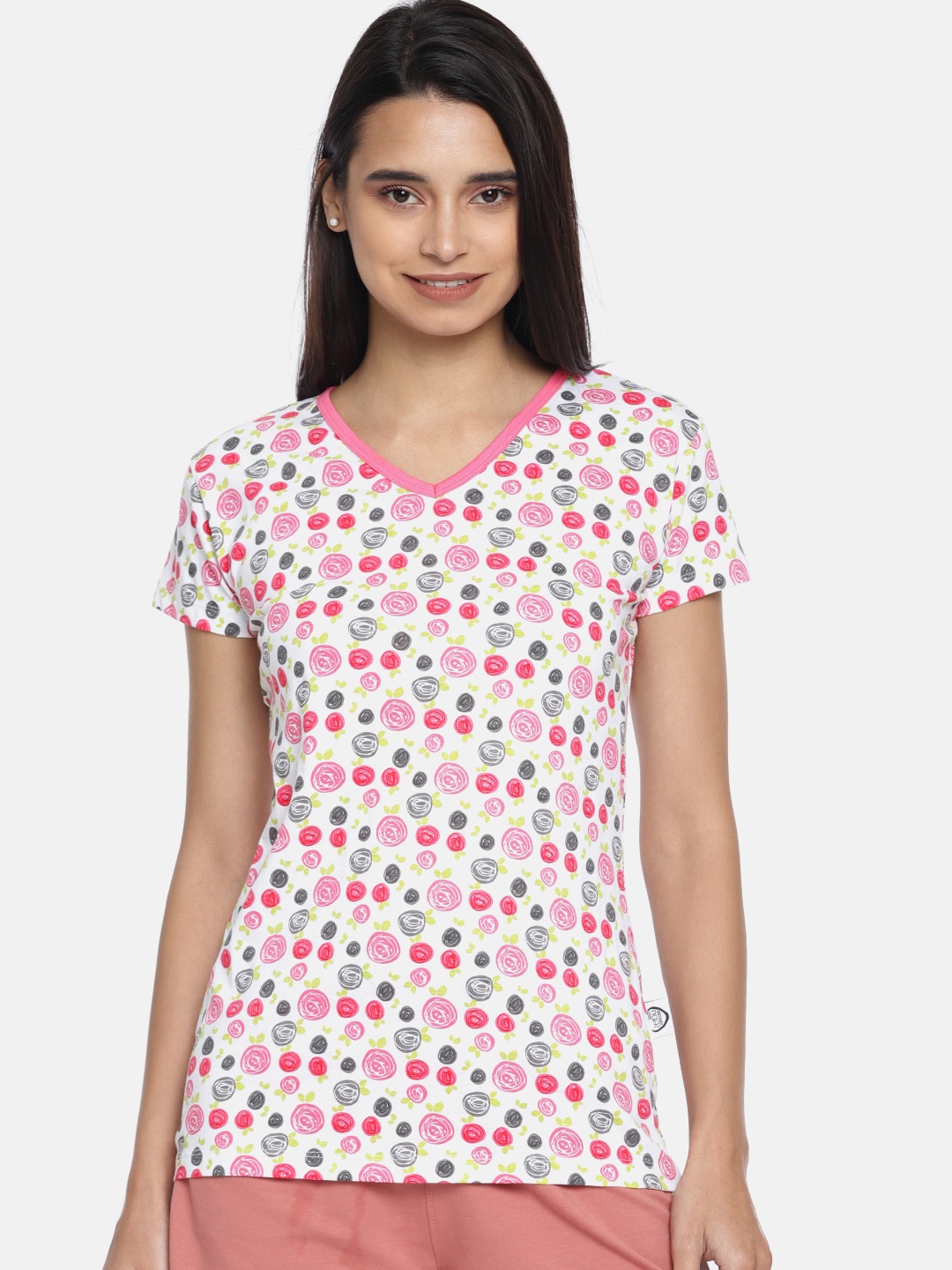 

zebu Women Pink White Printed V-Neck Pure Cotton T-shirt