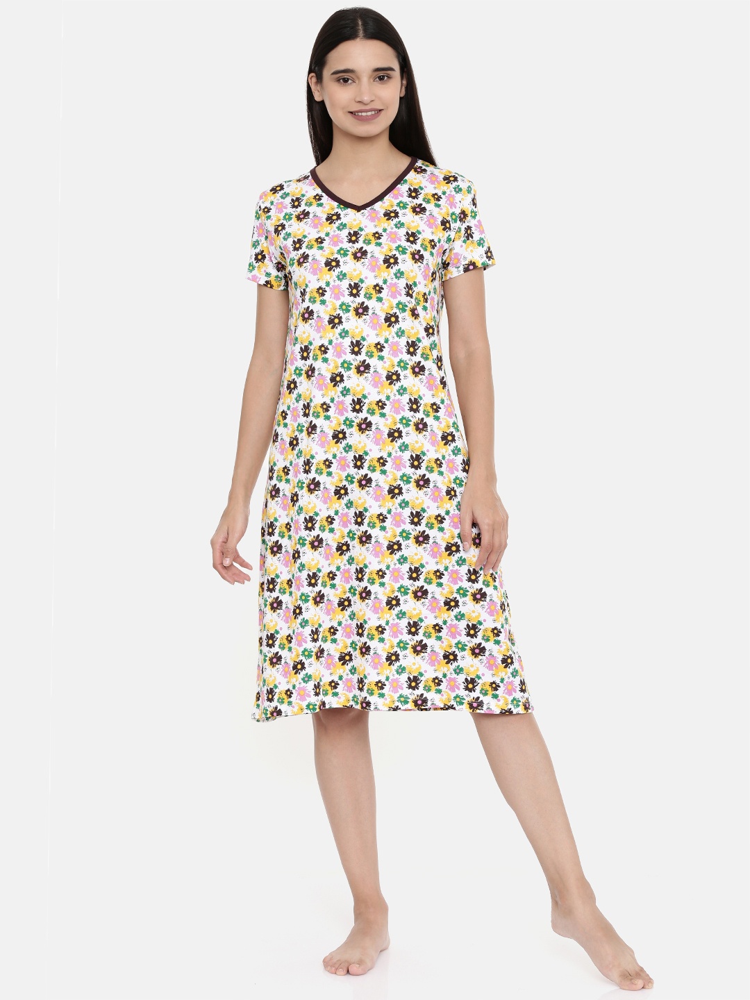 

zebu Brown & White Pure Cotton Printed Nightdress