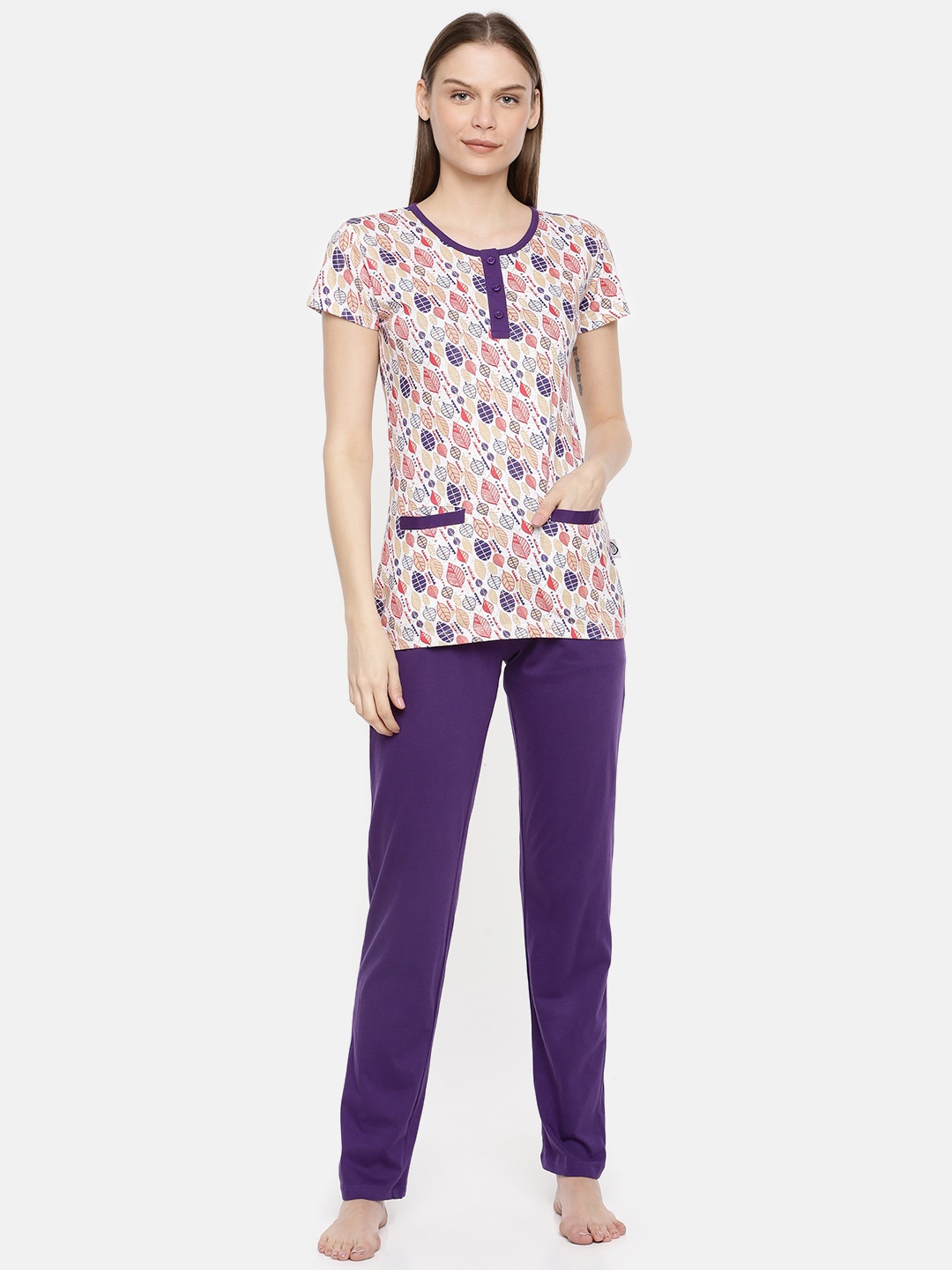 

zebu Women Purple & White Printed Night suit