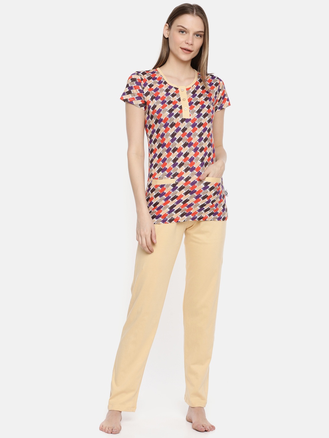 

zebu Women Beige & Purple Printed Night suit