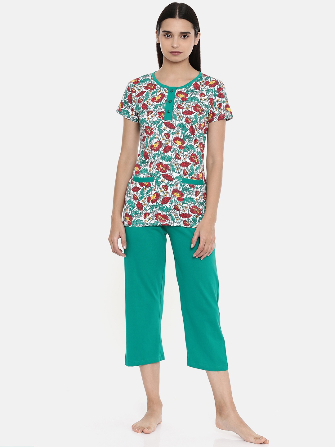 

zebu Women Sea Green & Red Printed Night suit