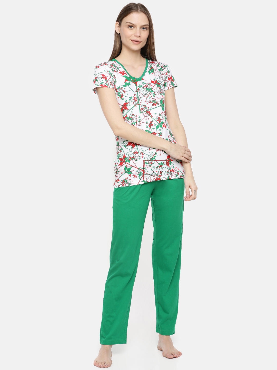 

zebu Women Green & White Printed Night suit