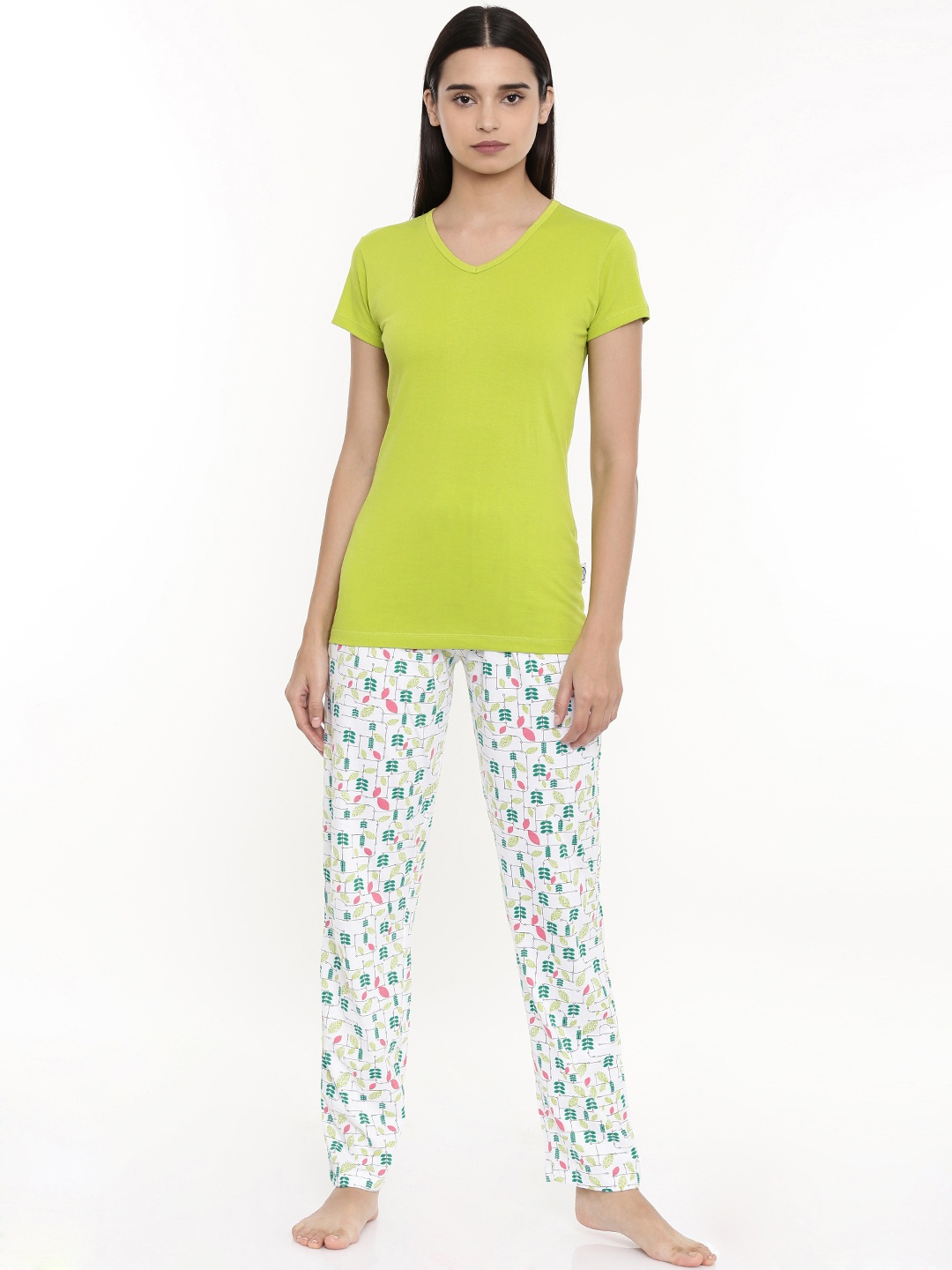 

zebu Women Lime Green & White Solid Night suit