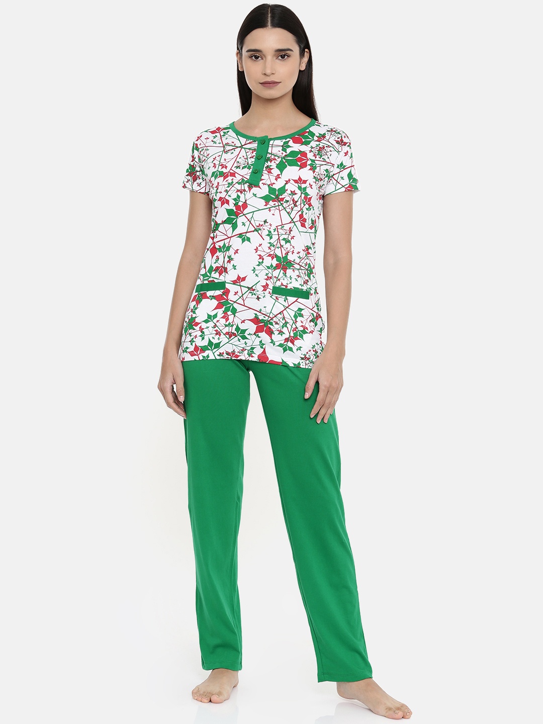 

zebu Women Green & White Printed Night suit