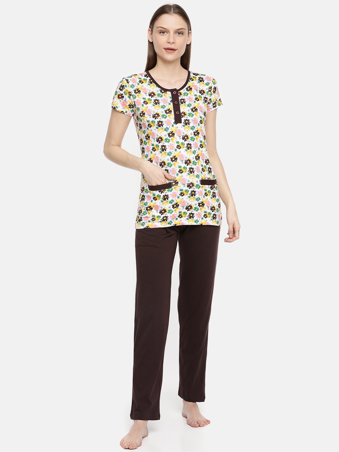 

zebu Women White & Brown Printed Night suit