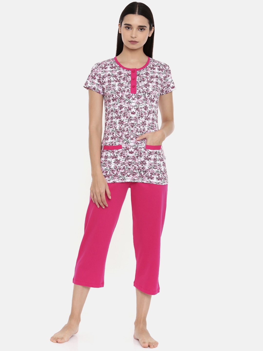 

zebu Women White & Pink Printed Night suit