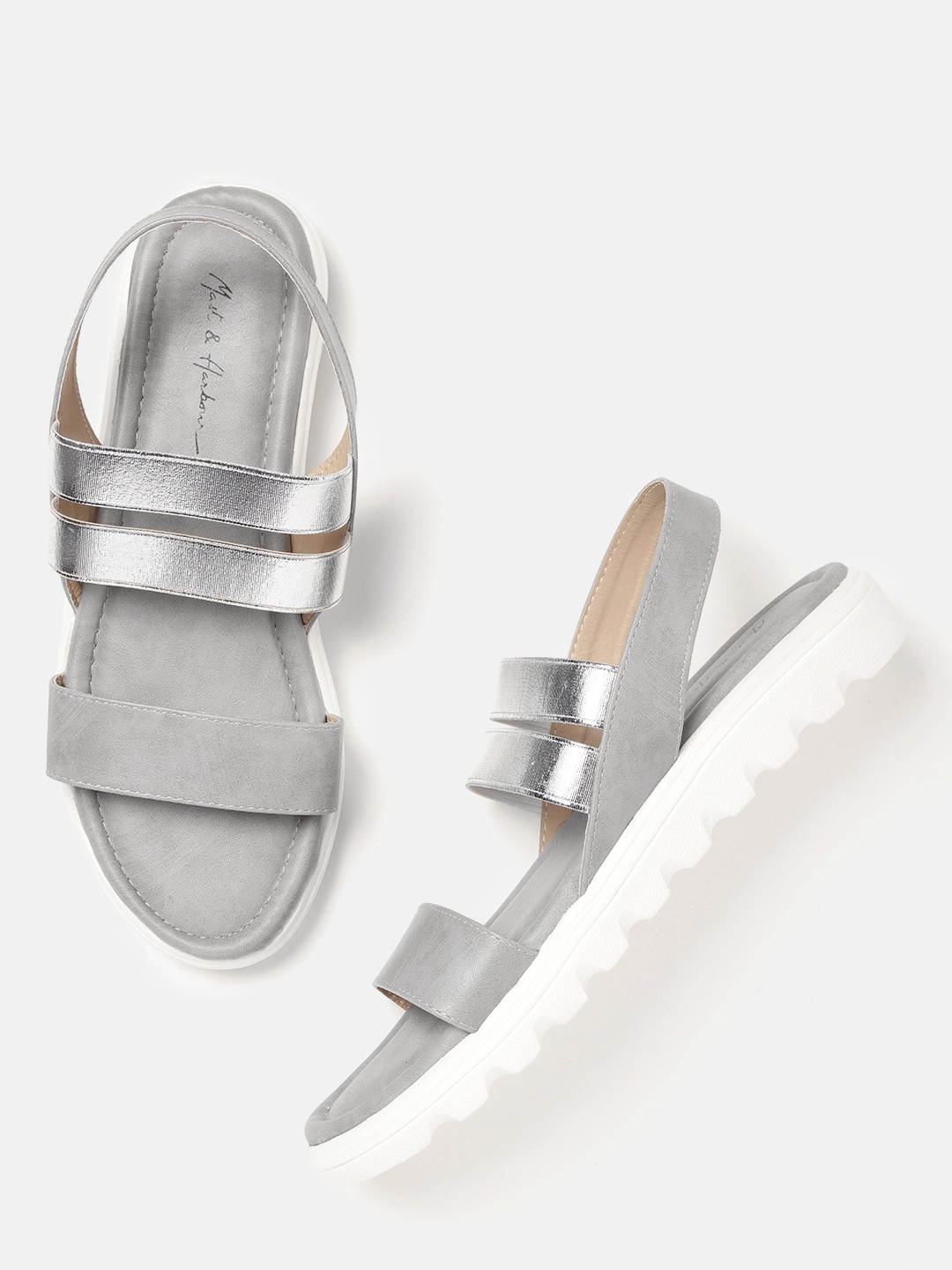 

Mast & Harbour Women Grey & Silver-Toned Colourblocked Open Toe Flats