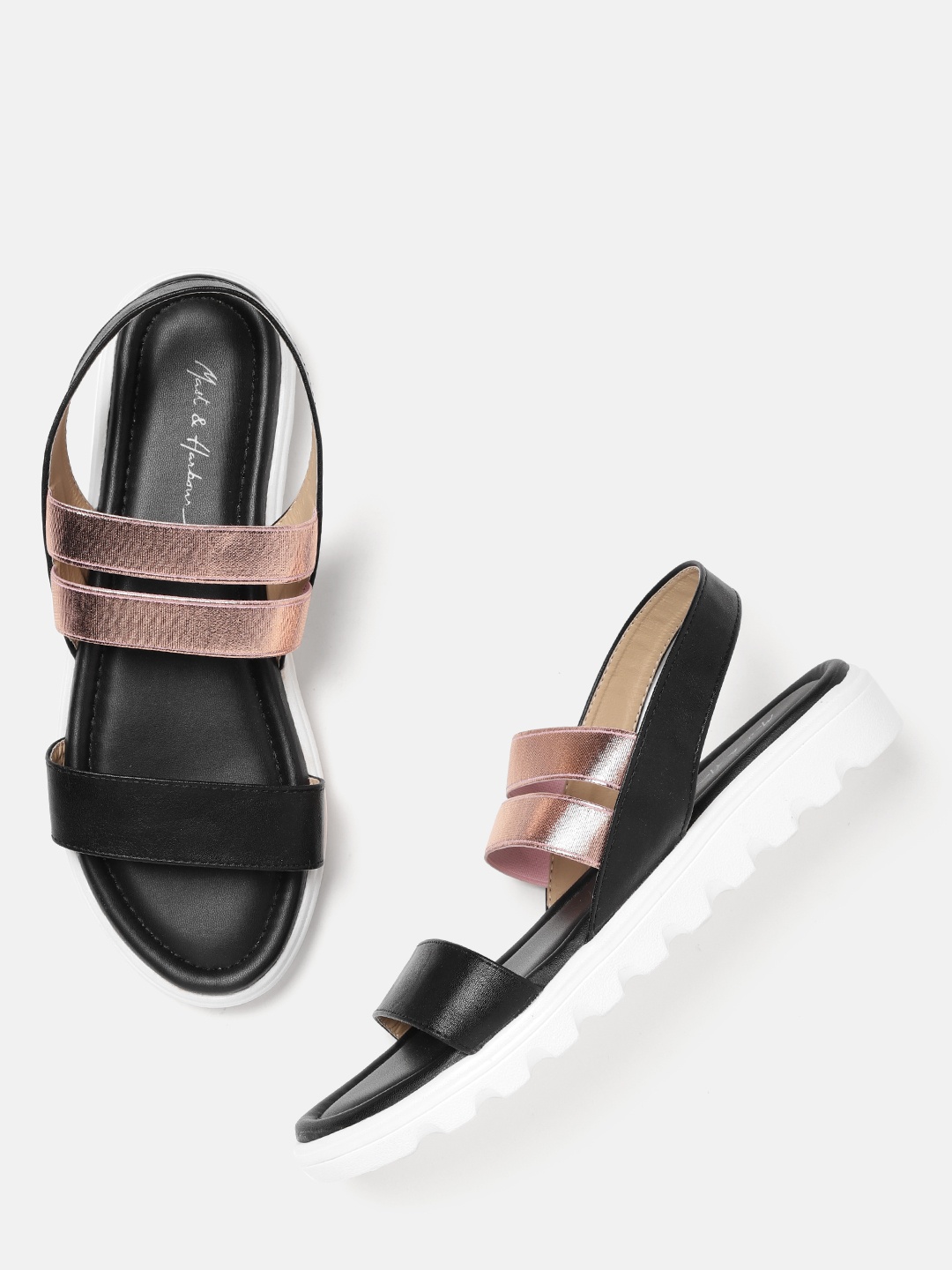 

Mast & Harbour Women Black & Rose Gold-Toned Colourblocked Open Toe Flats