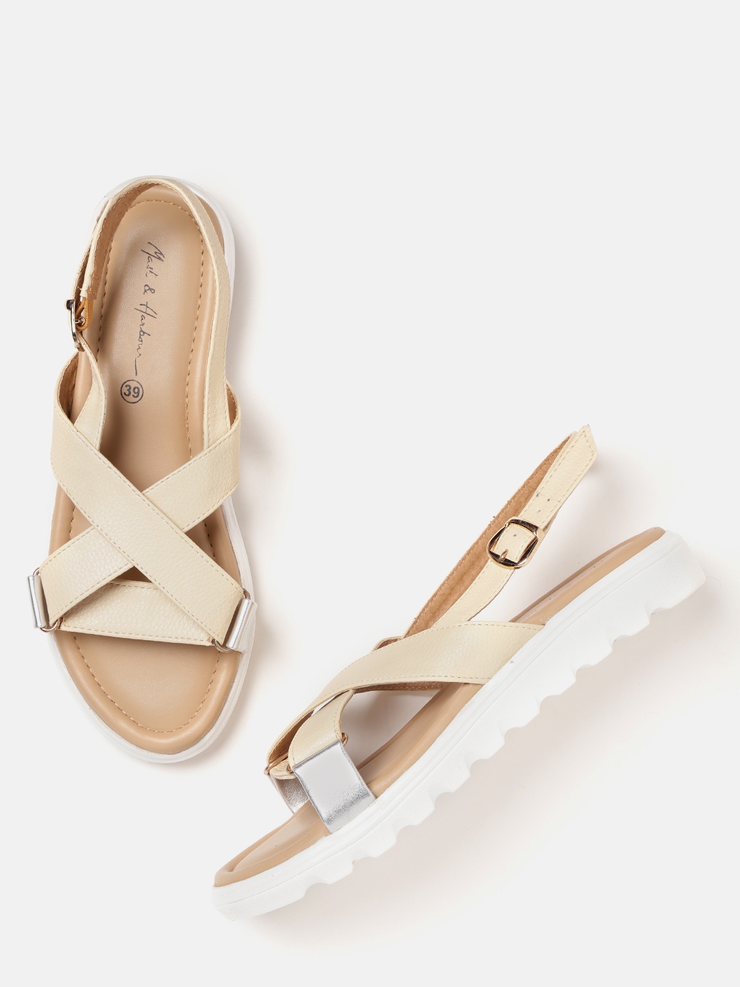 

Mast & Harbour Women Beige & Silver-Toned Solid Open Toe Flats