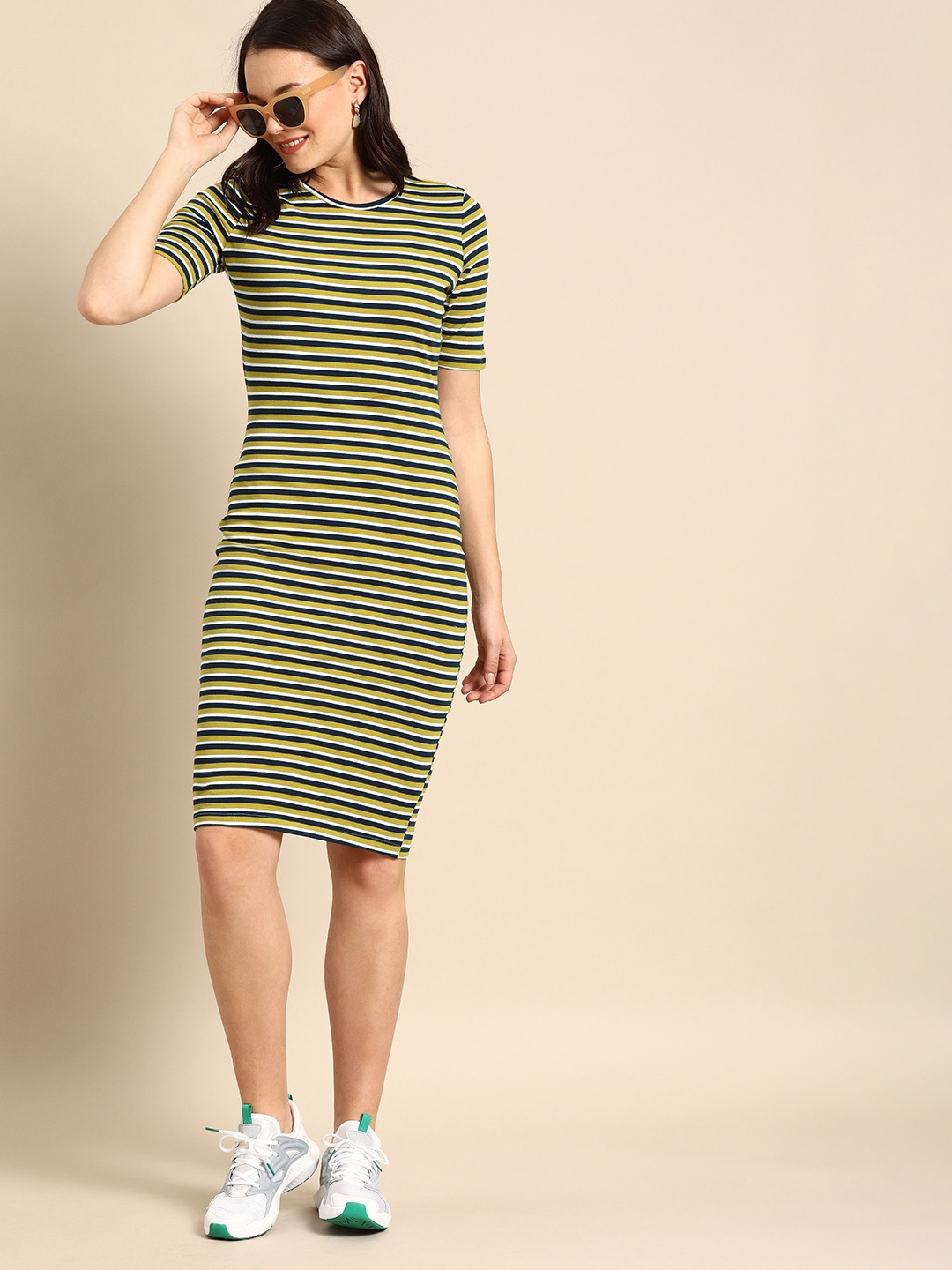 

DressBerry Women Mustard Yellow & Navy Blue Striped T-shirt Dress