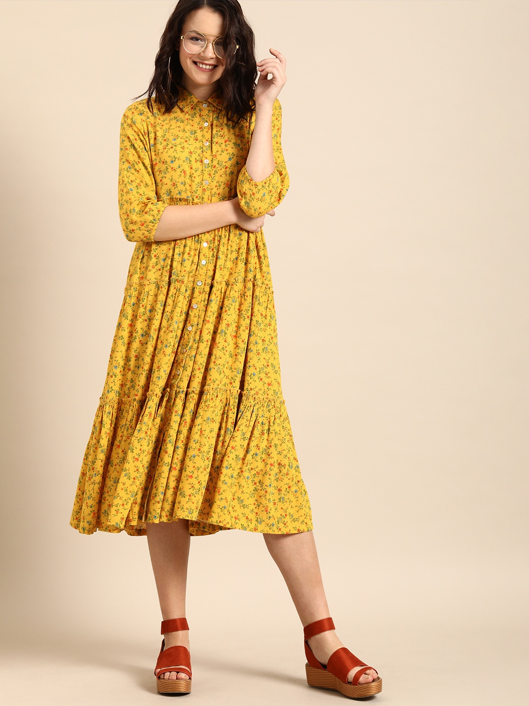 

DressBerry Women Mustard Yellow Floral Print A-Line Midi Dress