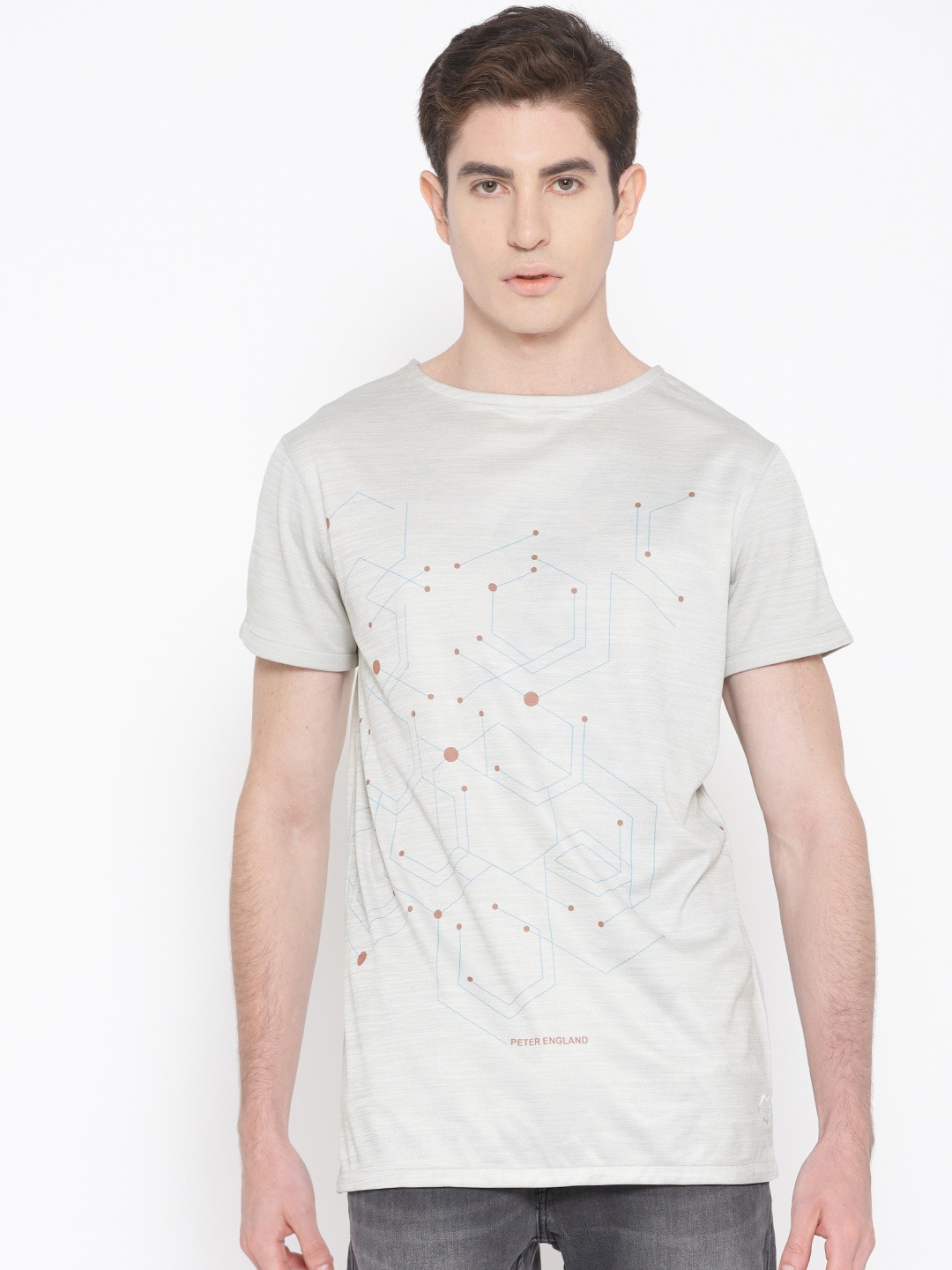 

Peter England Casuals Men Grey Printed Round Neck Tech Dry T-shirt