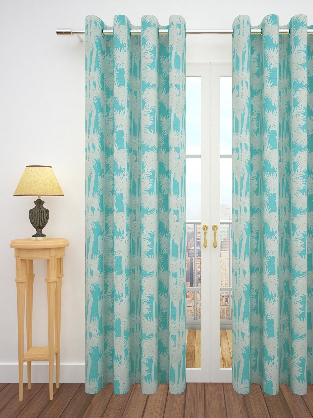 

Story@home Turquoise Blue & Grey 300GSM Semi Blackout Jacquard Eyelet Ringtop Single Door Curtain