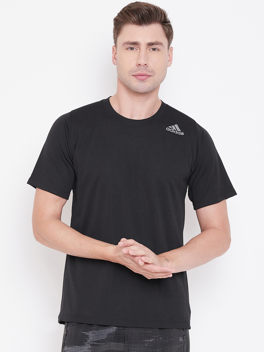 

ADIDAS Men Black Freelift Climachill 3-Stripes Self-Design Training T-Shirt
