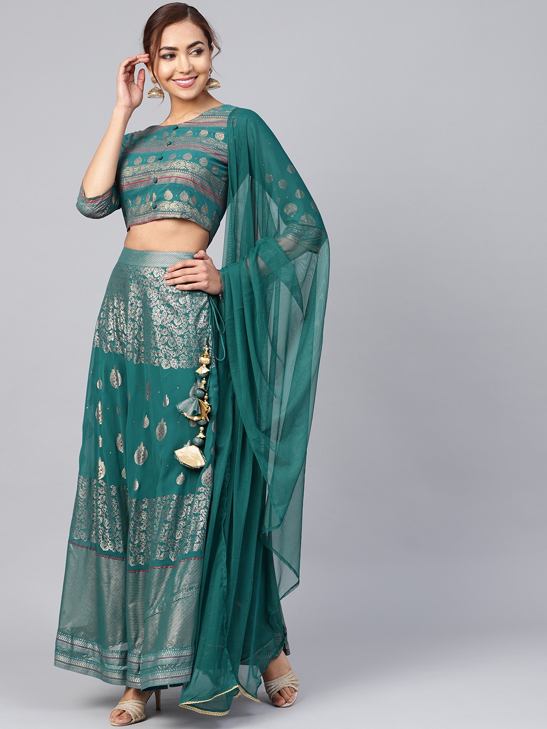 

Juniper Teal Green & Golden Foil Print Ready to Wear Lehenga Choli with Dupatta
