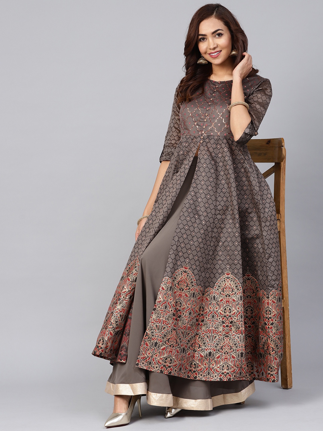 

Juniper Women Taupe Foil Print Kurta with Skirt