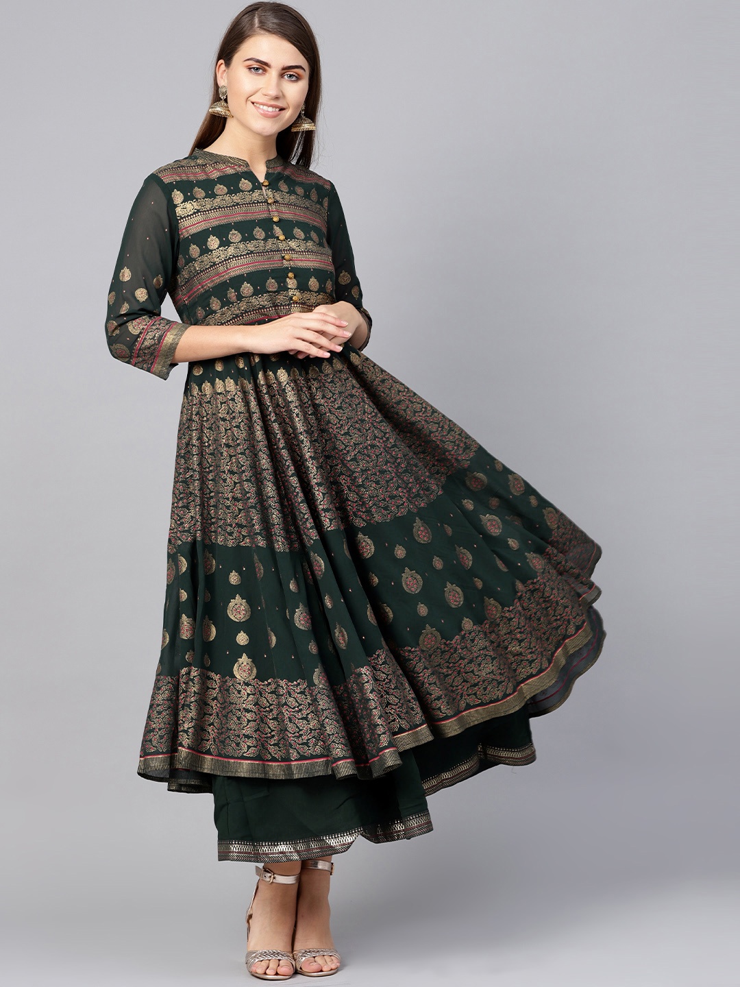 Juniper Women Green & Golden Layered Foil Print Maxi Dress
