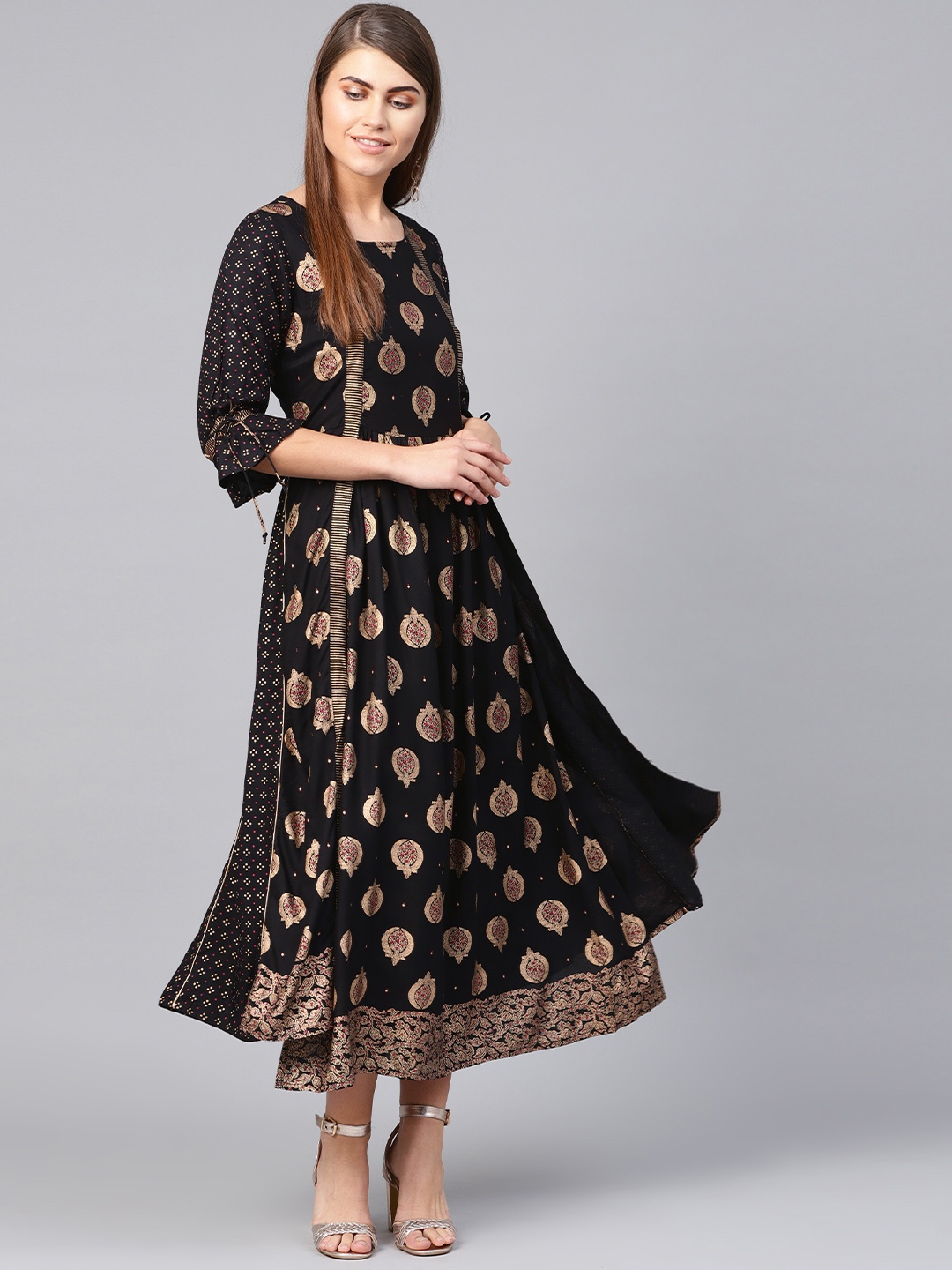 

Juniper Women Black & Golden Layered Printed Maxi Dress