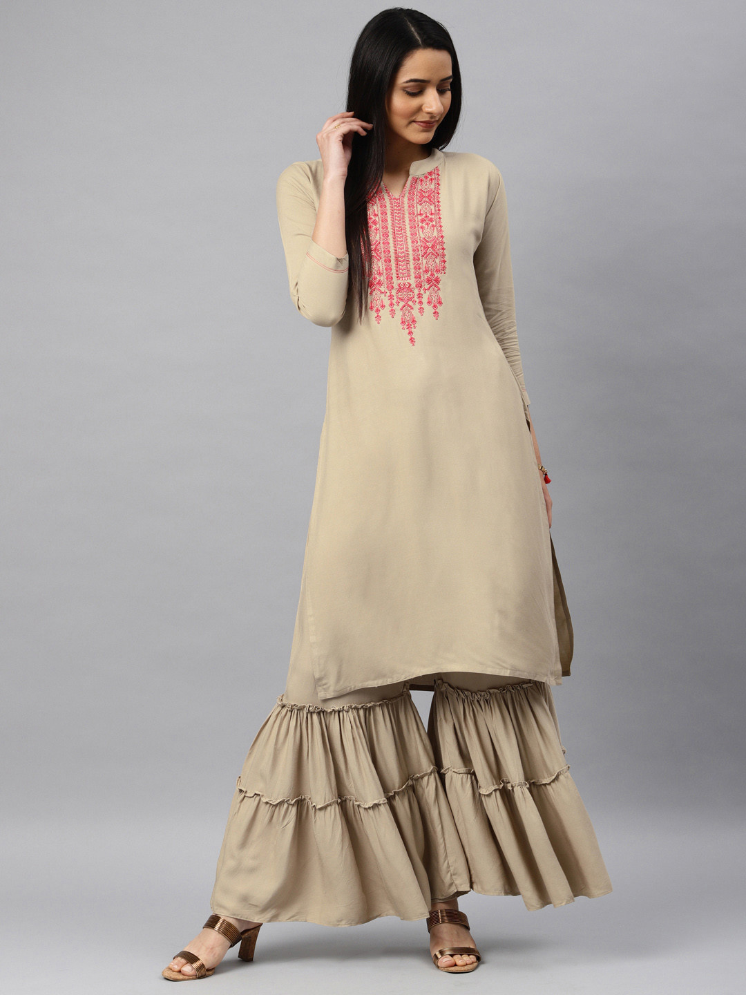 

Kvsfab Women Beige Yoke Design Kurta with Sharara