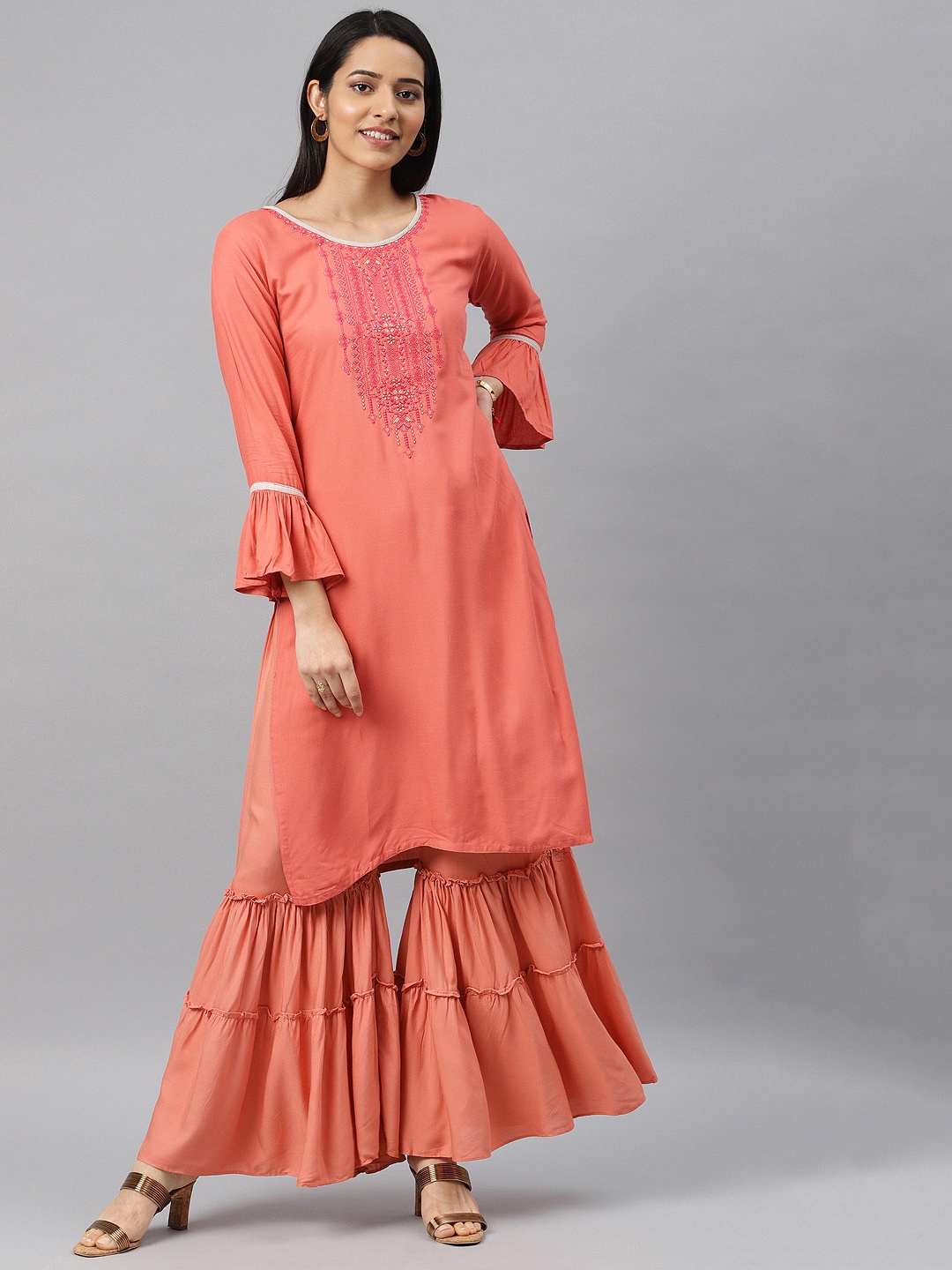 Kvsfab Women Peach-Coloured Yoke Design Kurta with Sharara