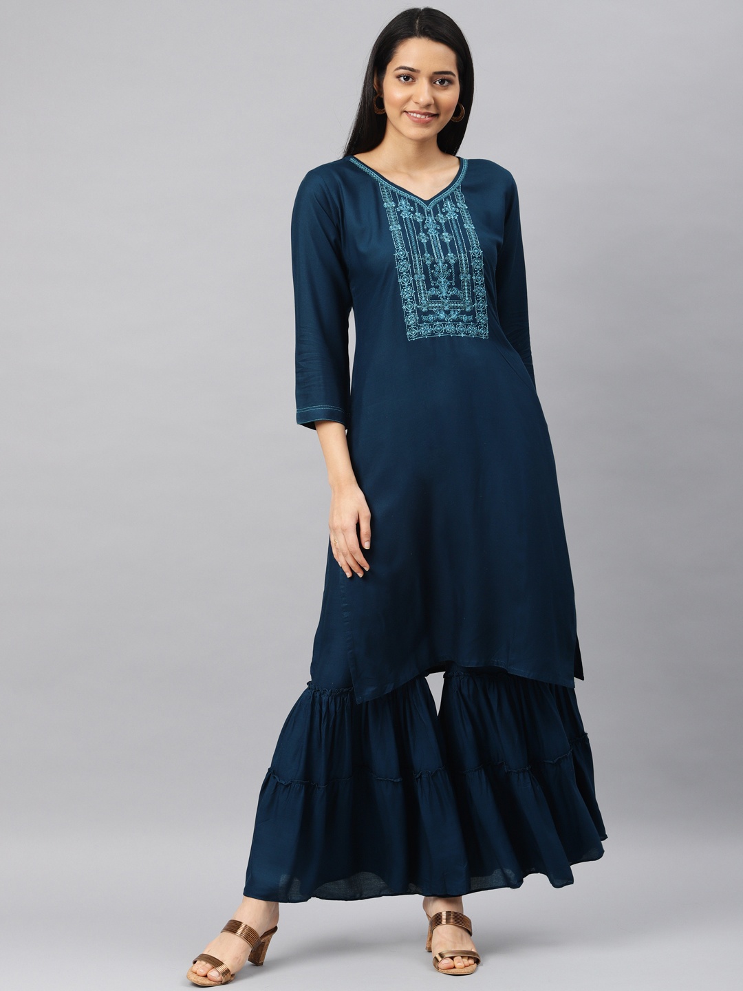 

Kvsfab Women Navy Blue Yoke Design Kurta with Sharara