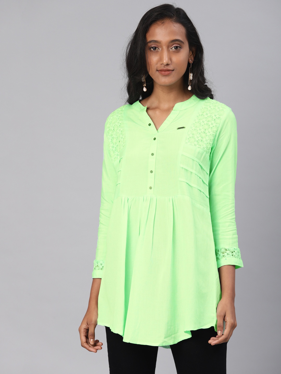 

Kvsfab Women Fluorescent Green Yoke Design A-Line Kurti