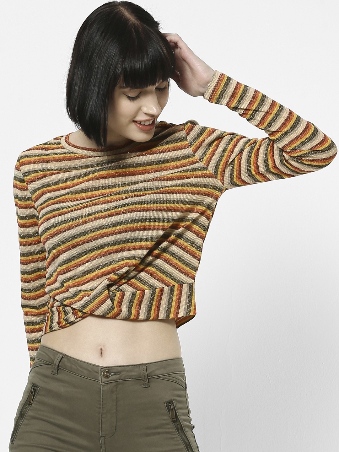 

ONLY Women Beige & Olive Green Striped Round Neck T-shirt