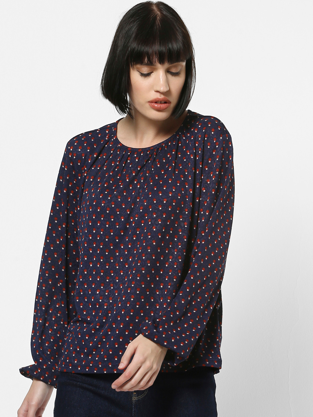 

ONLY Women Navy Blue & Red Printed Top