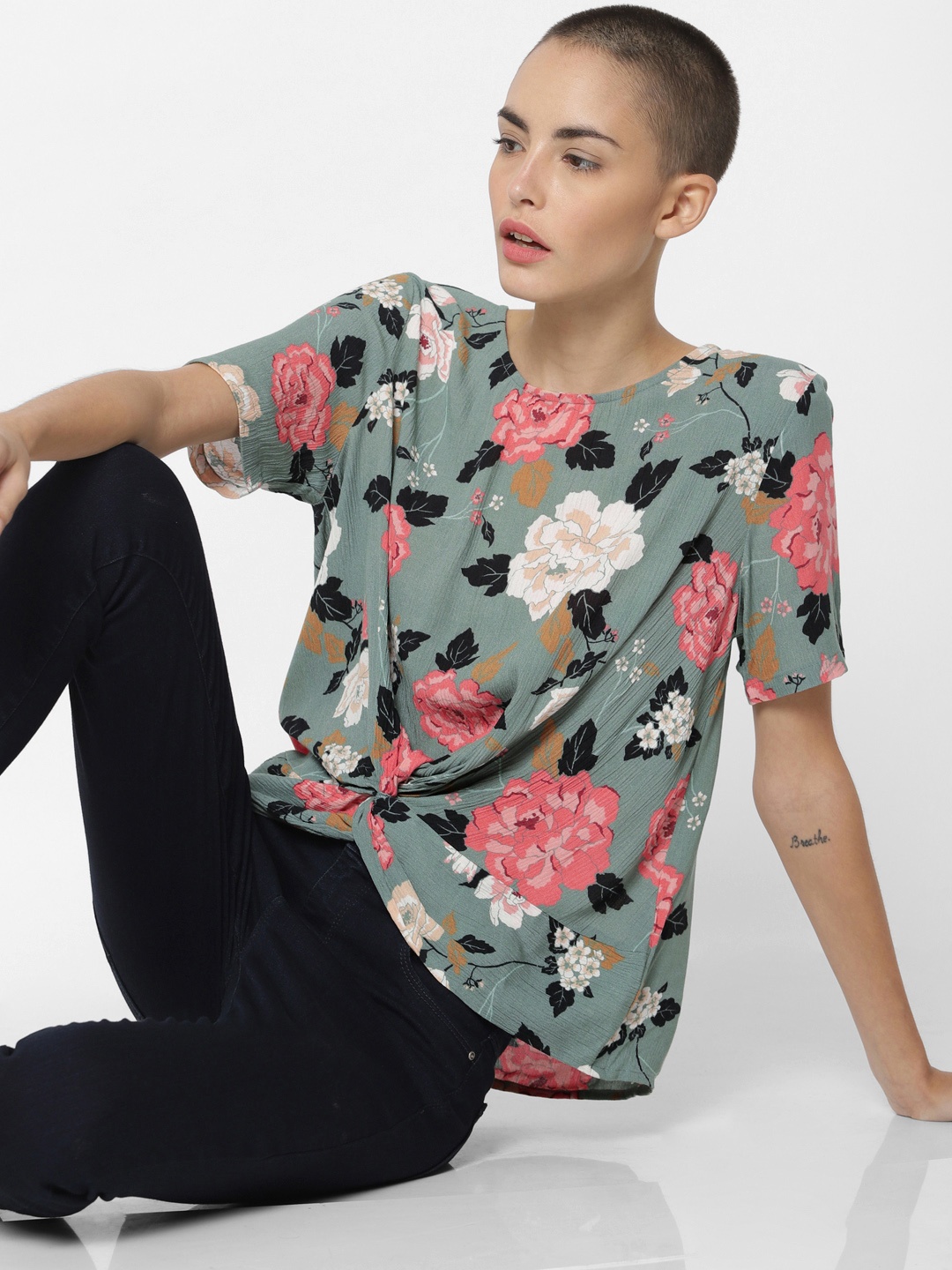 

ONLY Women Olive Green & Pink Printed Top