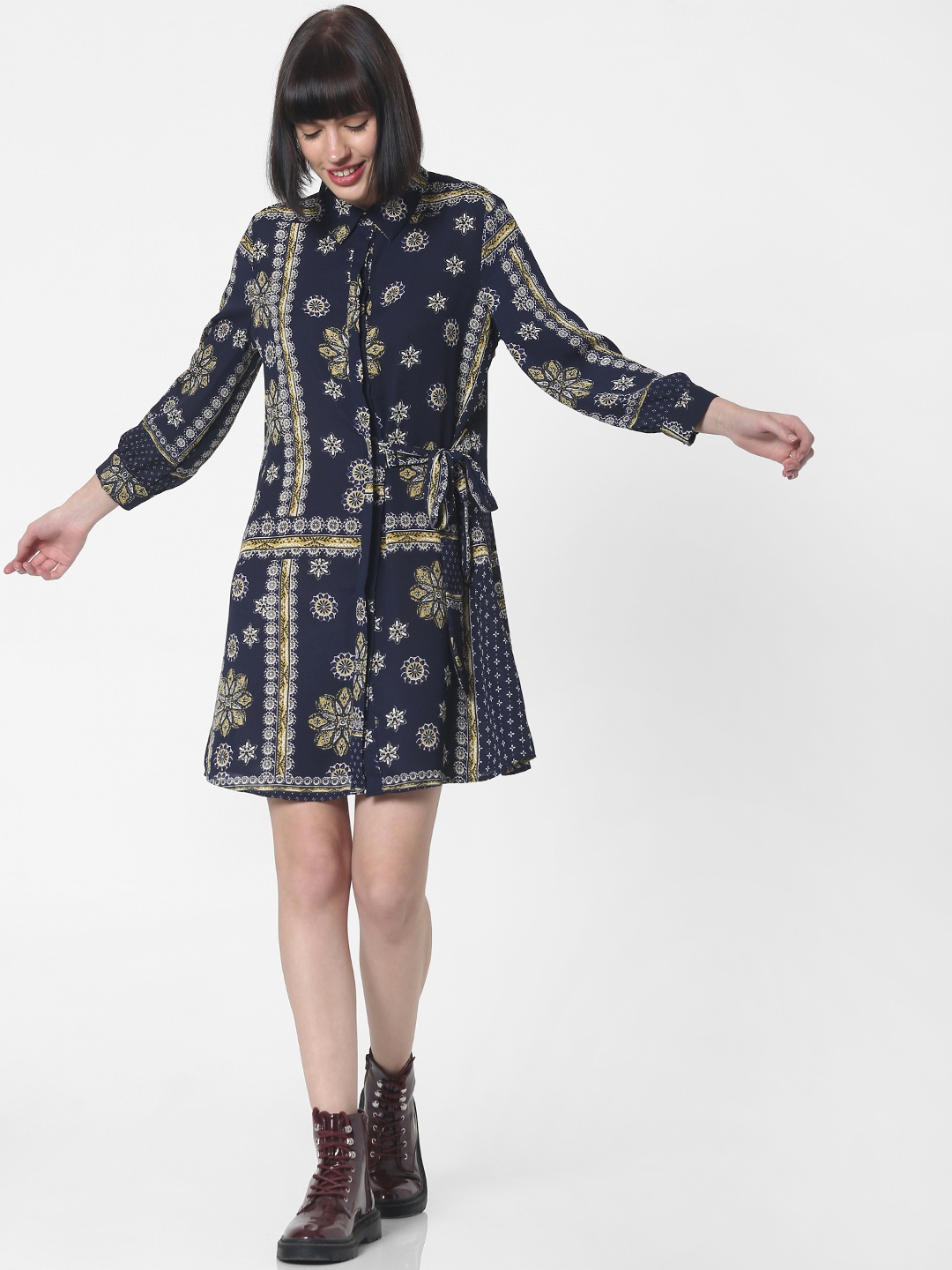 

ONLY Women Printed Navy Blue & Beige Shirt Dress