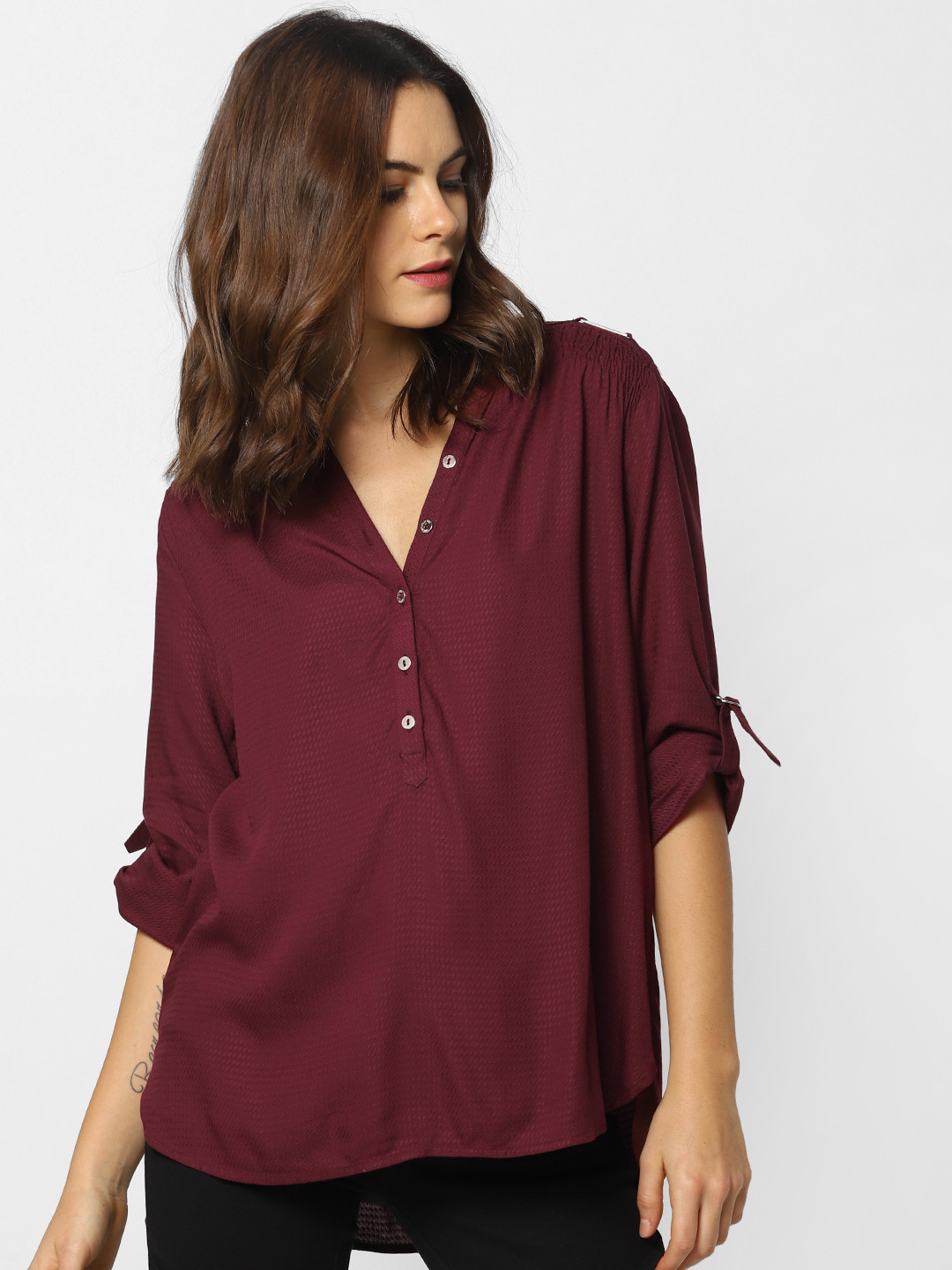 

ONLY Women Burgundy Regular Fit Self Design Casual Shirt