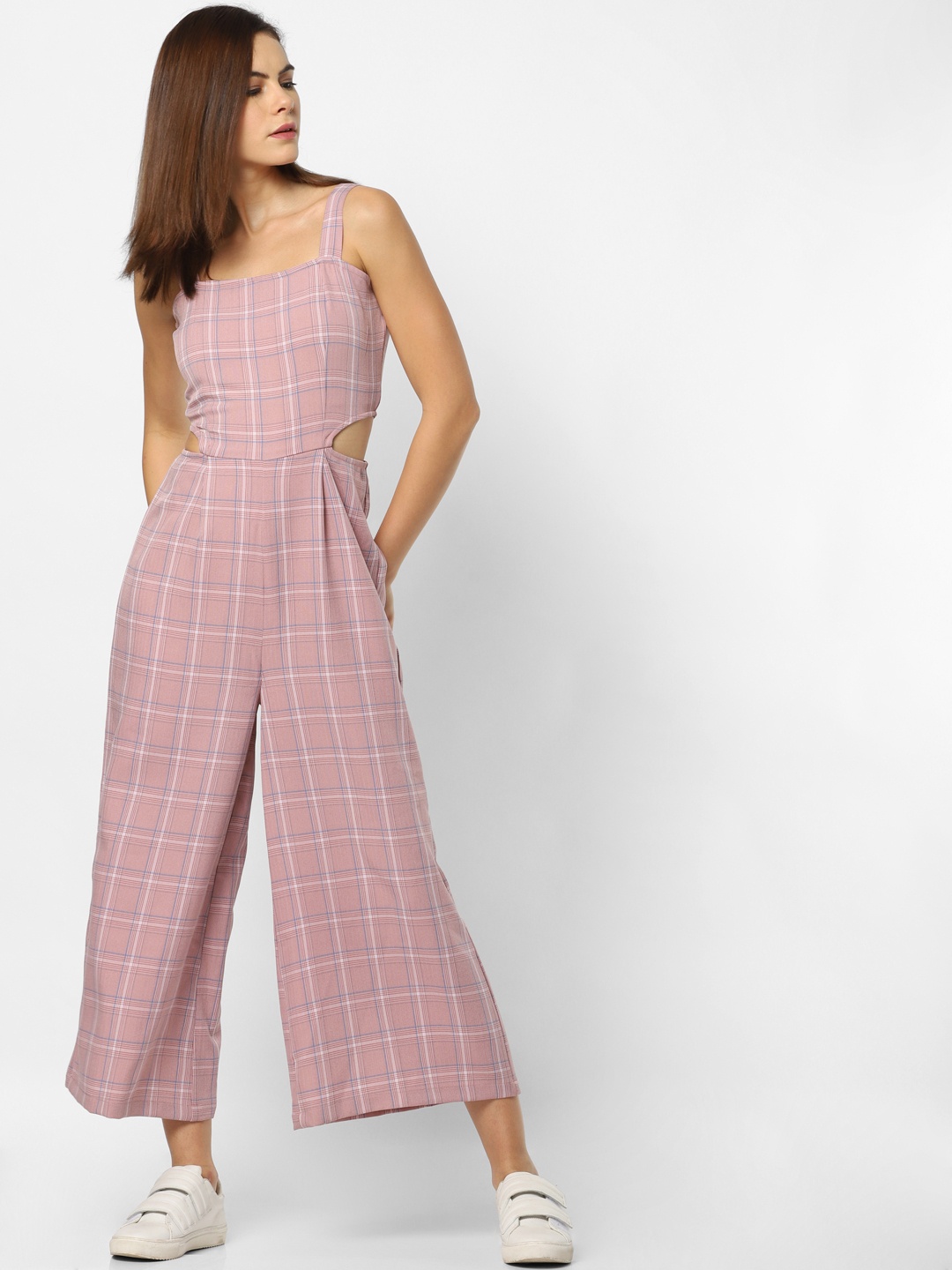 

ONLY Women Pink & White Checked Basic Jumpsuit