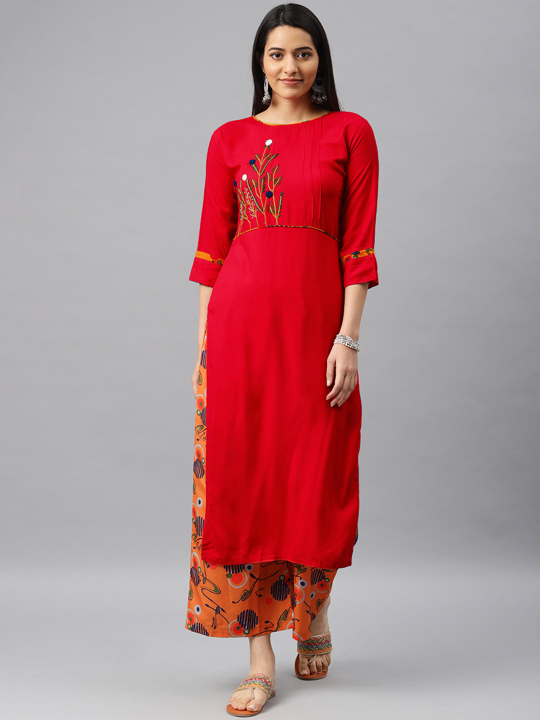 

Kvsfab Women Red & Orange Embroidered Kurta with Palazzos