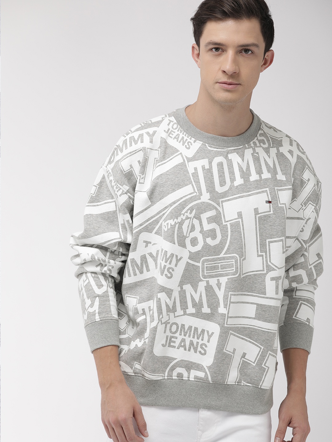 

Tommy Hilfiger Men Grey Melange & White Printed Sweatshirt