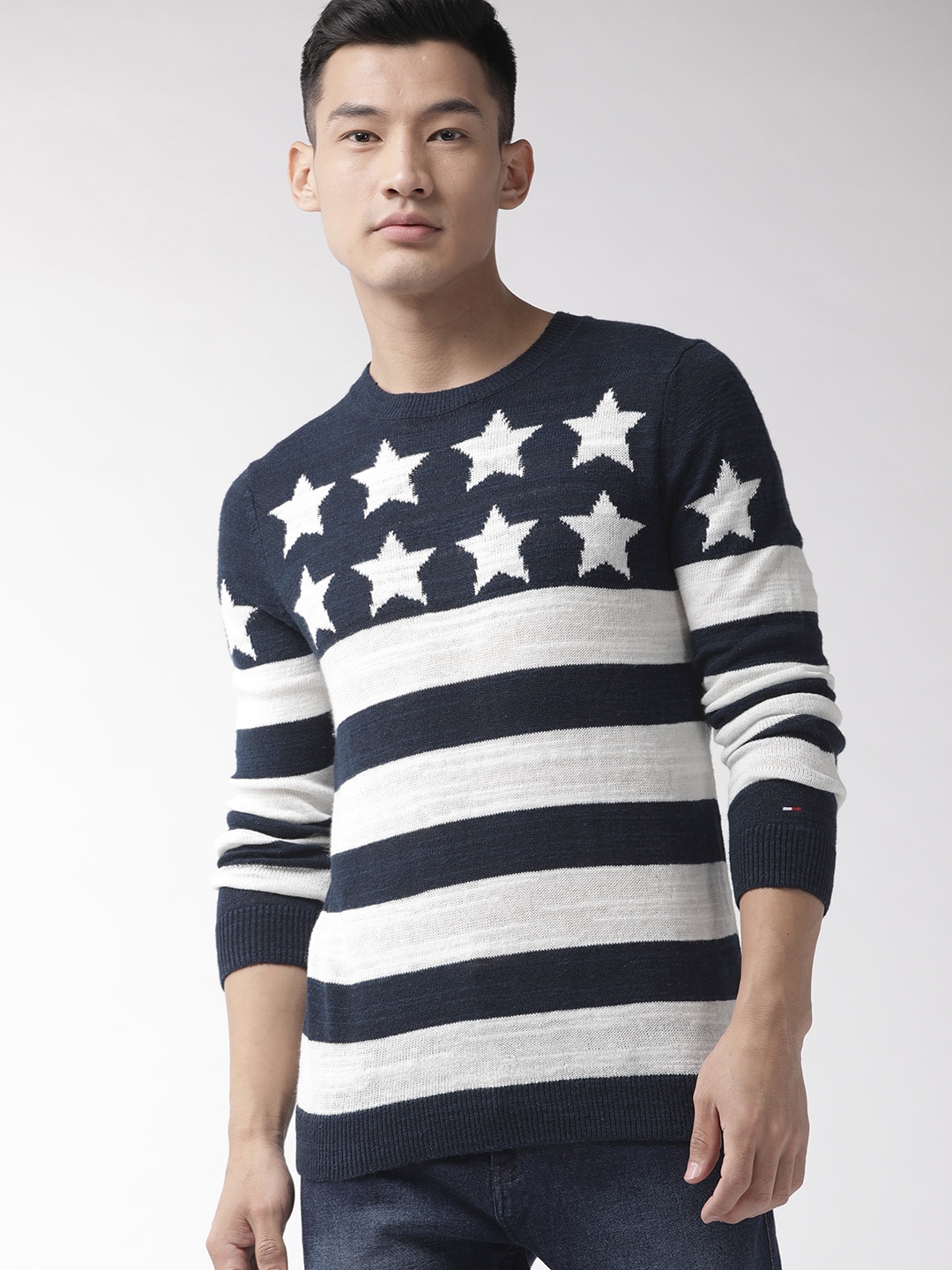 

Tommy Hilfiger Men Navy Blue & White Striped Pullover Sweater