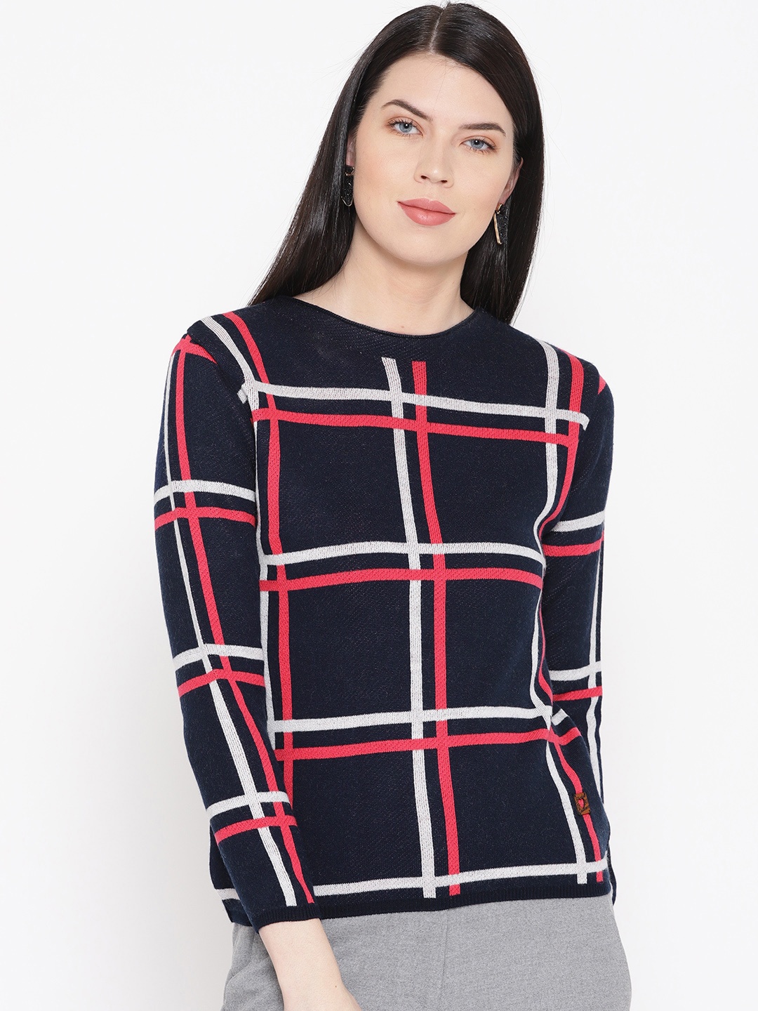 

Duke Women Navy Blue & Off-White Checked Woollen Sweater