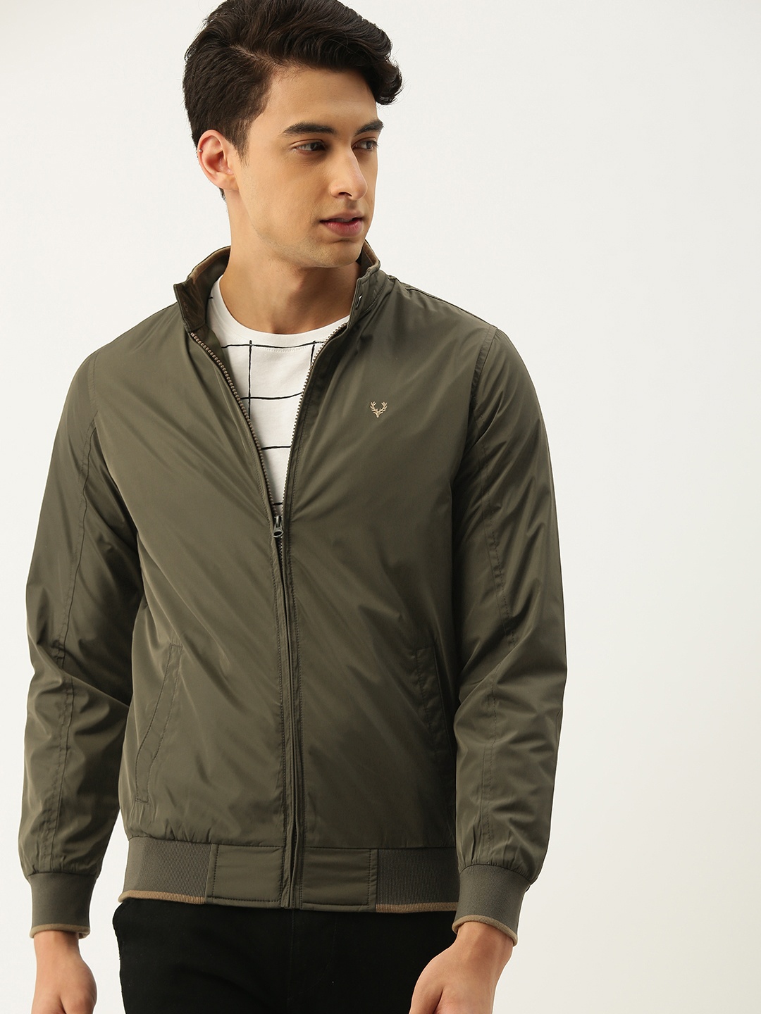 

Allen Solly Men Olive Green Solid Bomber Jacket