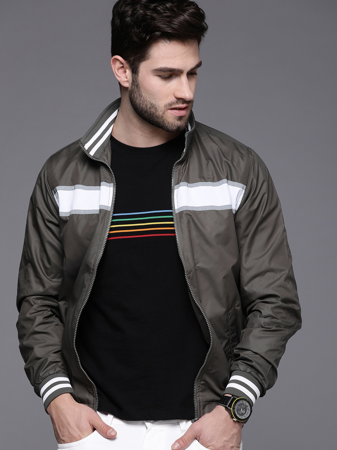 

Allen Solly Sport Wimbledon Men Charcoal Grey Solid Bomber Jacket