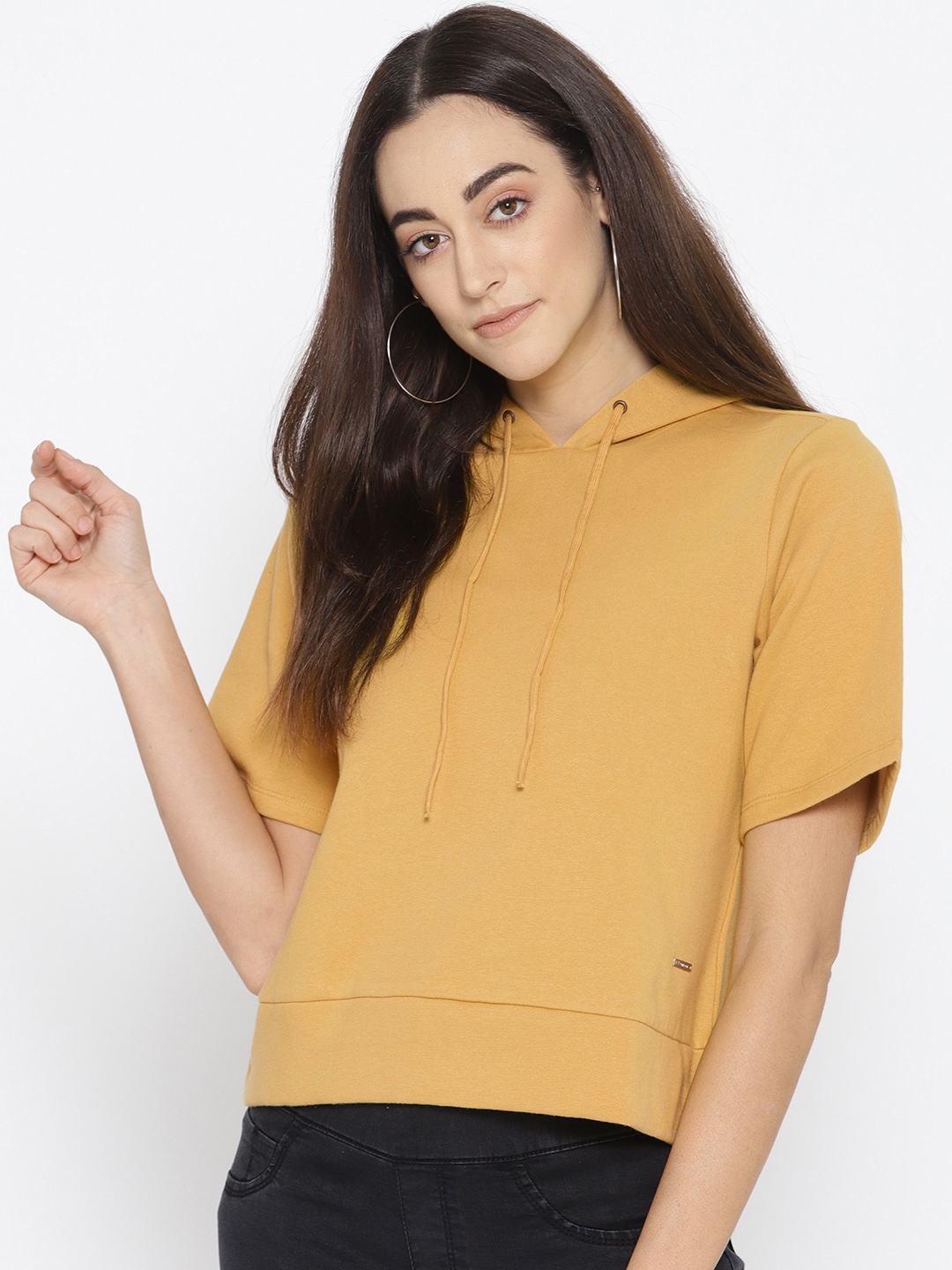 

Van Heusen Woman Women Mustard Yellow Solid Hooded Sweatshirt