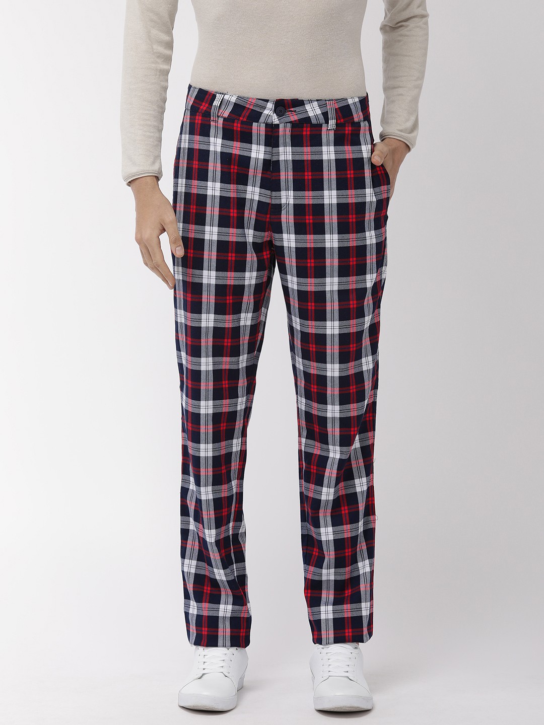

Tommy Hilfiger Men Navy Blue & Red Slim Fit Checked Chinos