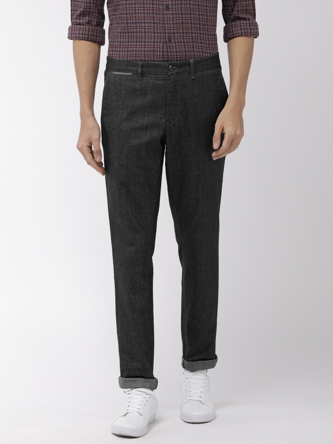 

Tommy Hilfiger Men Charcoal Grey Slim Fit Regular Trousers