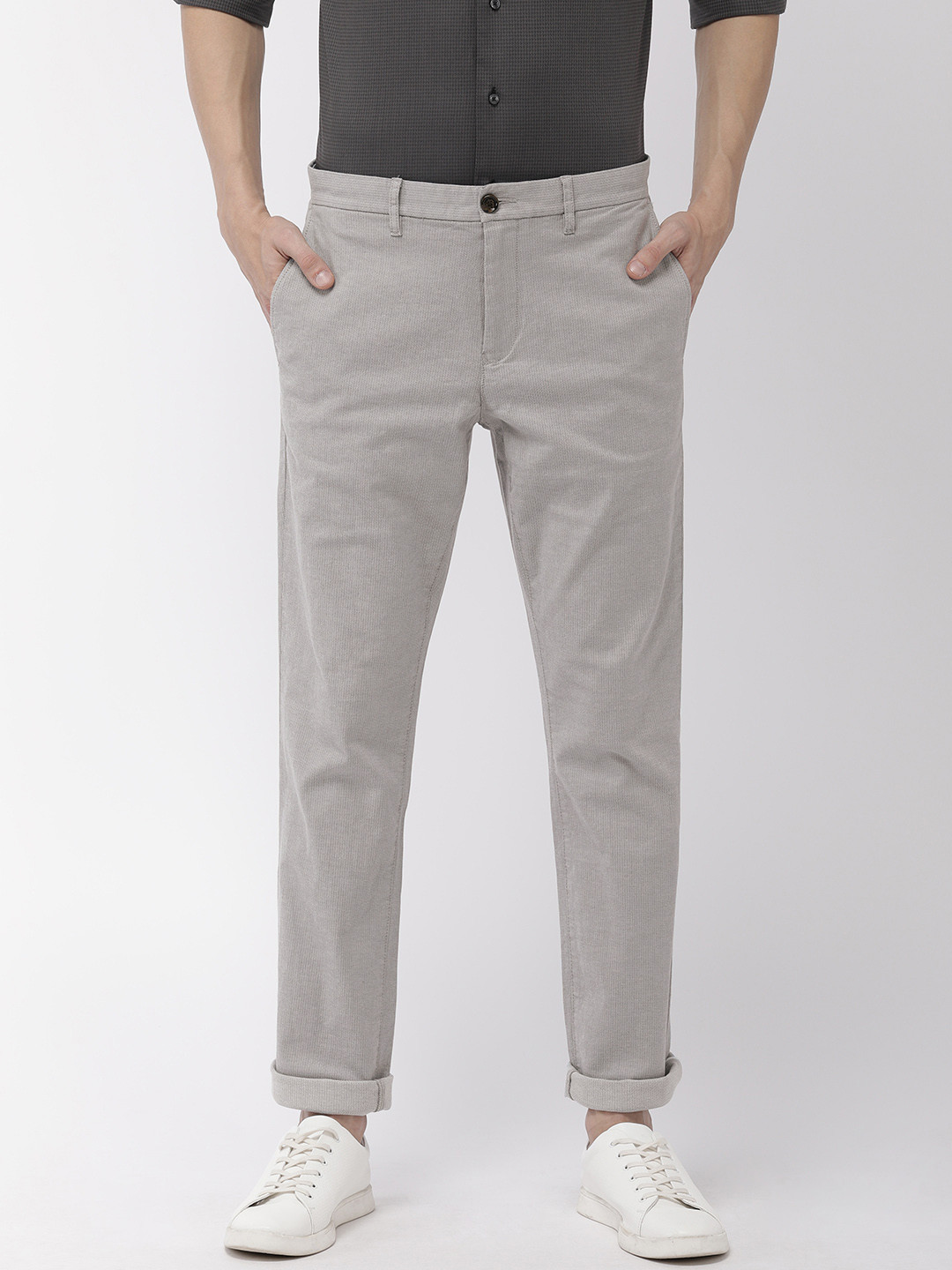 

Tommy Hilfiger Men Grey Regular Fit Self Design Regular Trousers