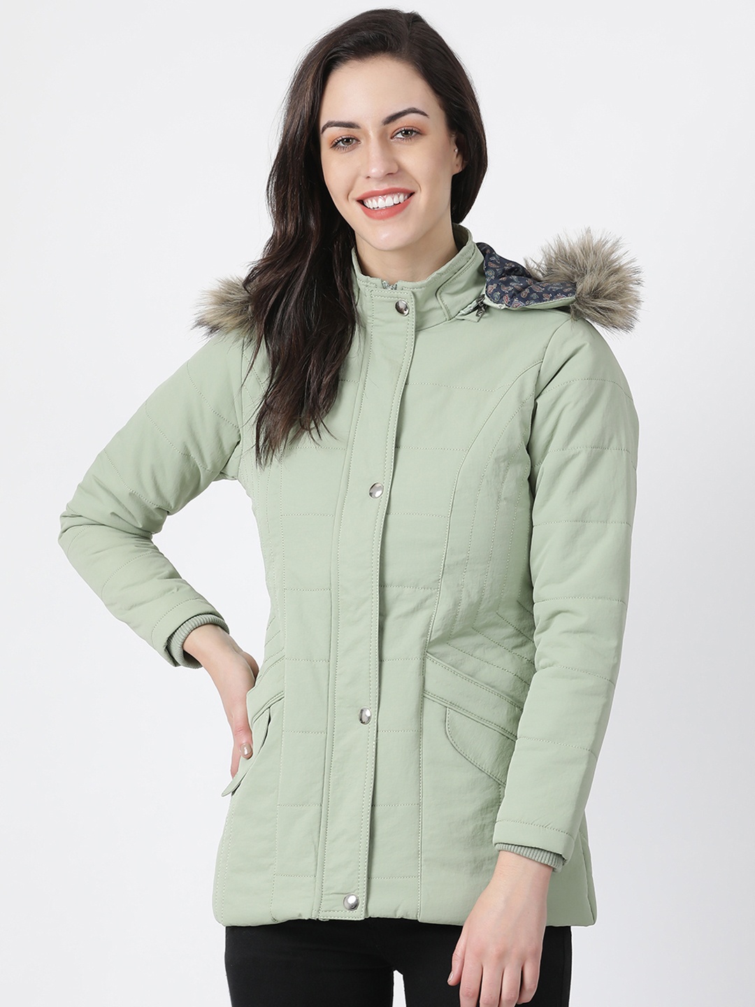 

Monte Carlo Women Green Solid Quilted Jacket with Removable Hood