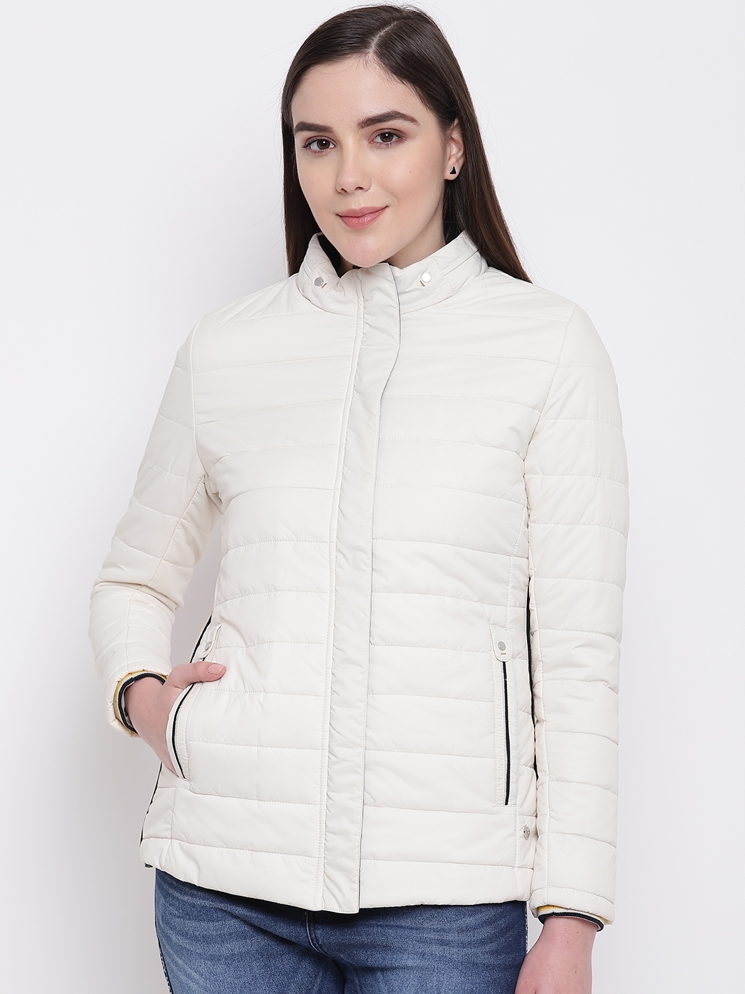 

Monte Carlo Women Off-White Solid Padded Jacket