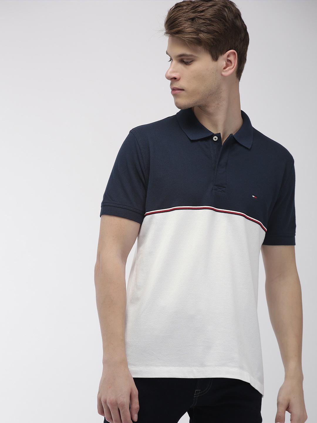 

Tommy Hilfiger Men White Navy Blue Colourblocked Polo Collar Pure Cotton T-shirt