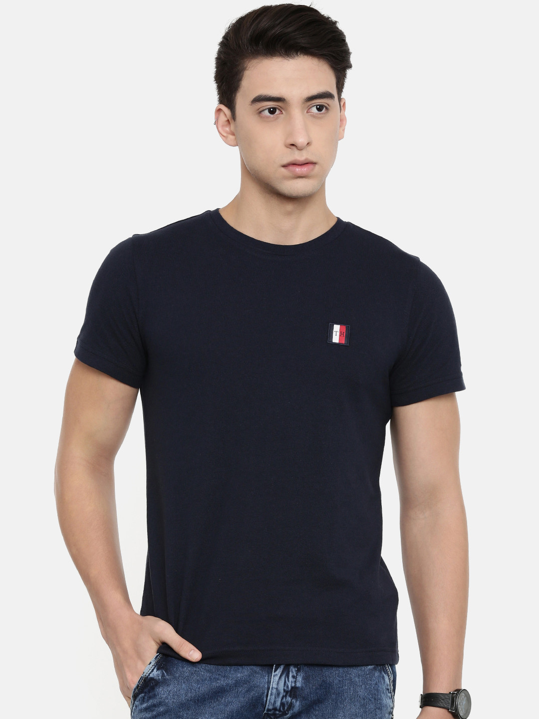 

Tommy Hilfiger Men Navy Blue Solid Round Neck Pure Cotton T-shirt