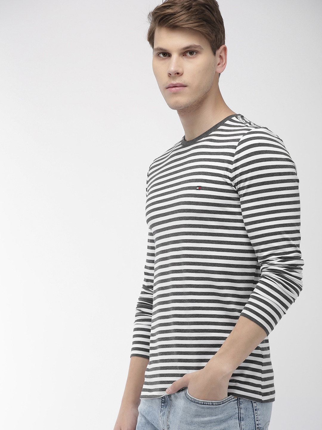 

Tommy Hilfiger Men Charcoal Grey & White Striped Round Neck T-shirt