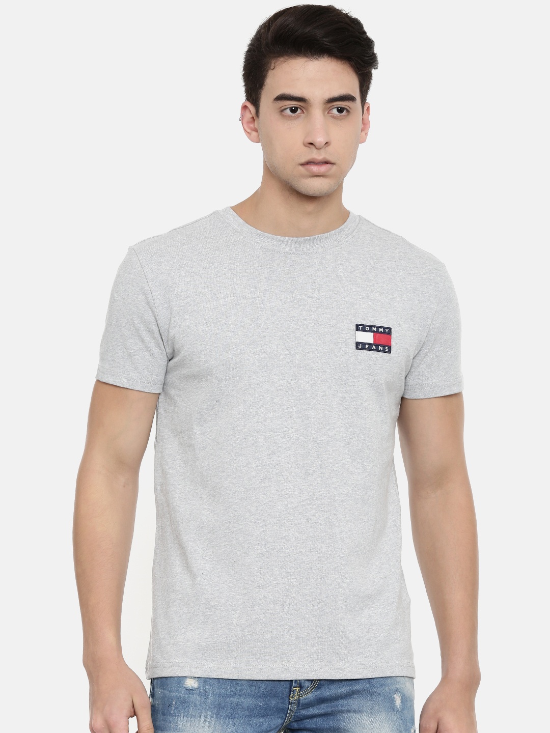 

Tommy Hilfiger Men Grey Melange Solid Applique Detail Round Neck Pure Cotton T-shirt