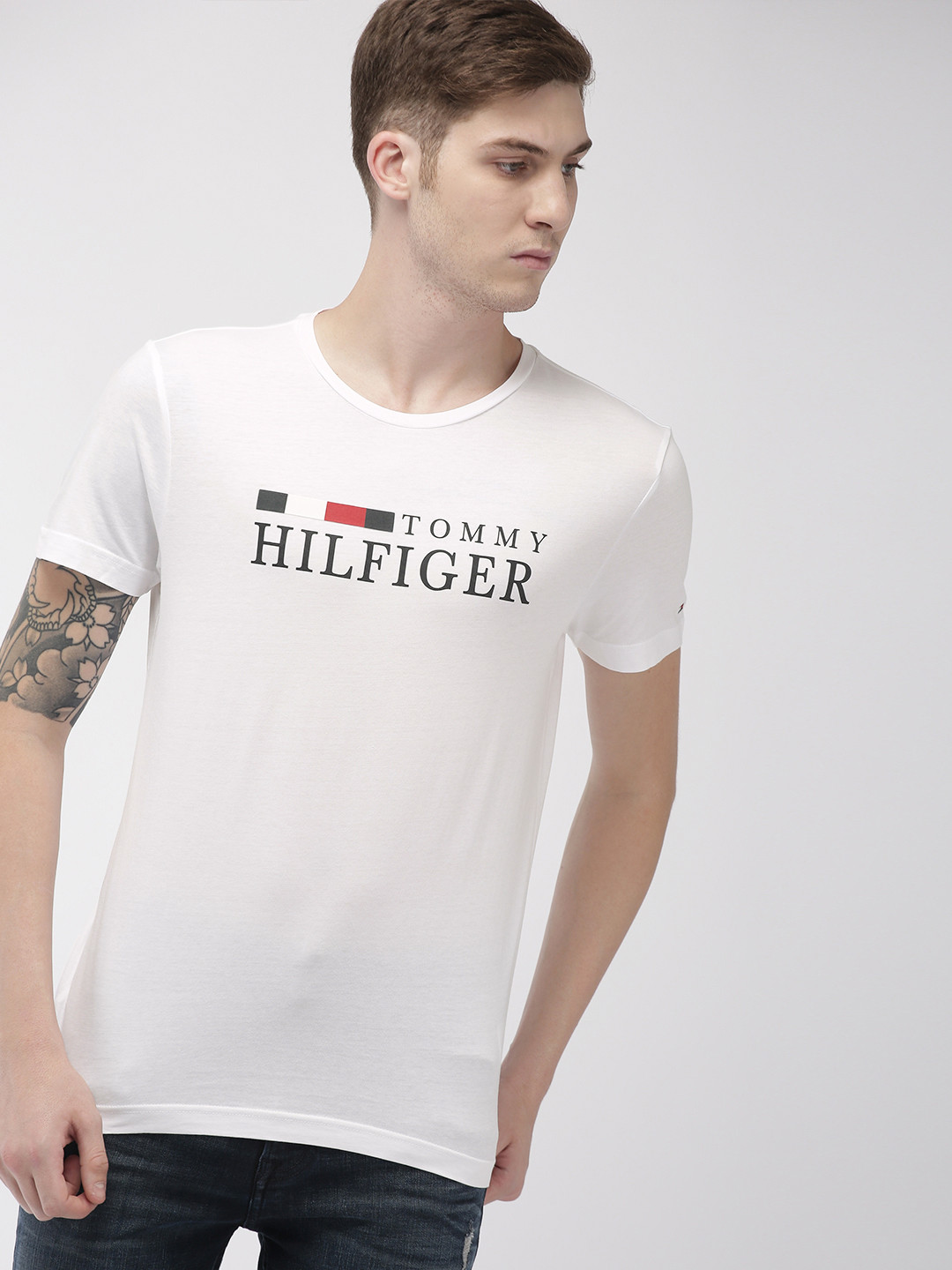 

Tommy Hilfiger Men White Printed Round Neck Pure Cotton T-shirt